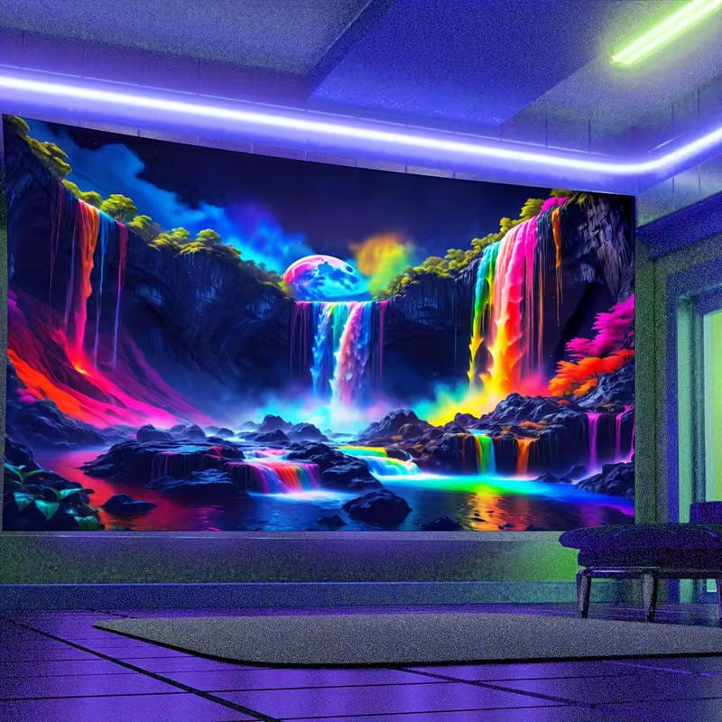 

2D Trippy Rainbow Cascade Night Scenery Wall Tapestry, Aesthetic Dark Nature Art Home Background Cloth 47.2x31.5inch/120*80cm