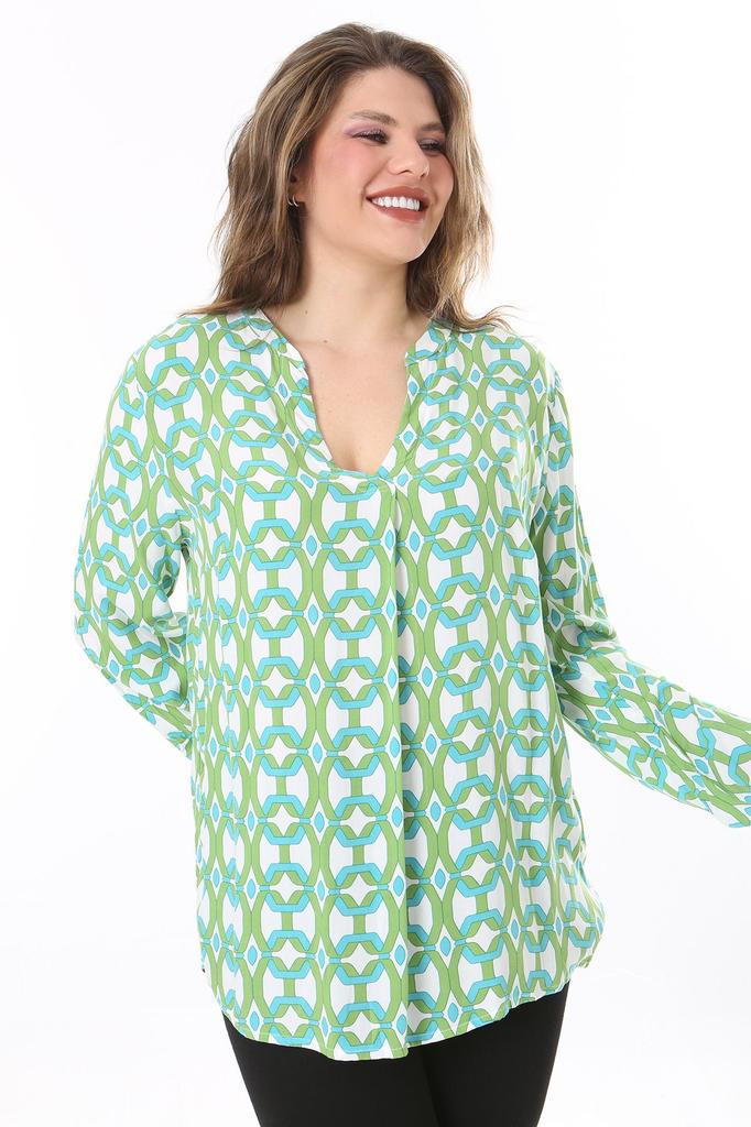 Damen Übergröße Bluse Plus Size Grün Gewebte Viskose Stoff V-Ausschnitt Bluse