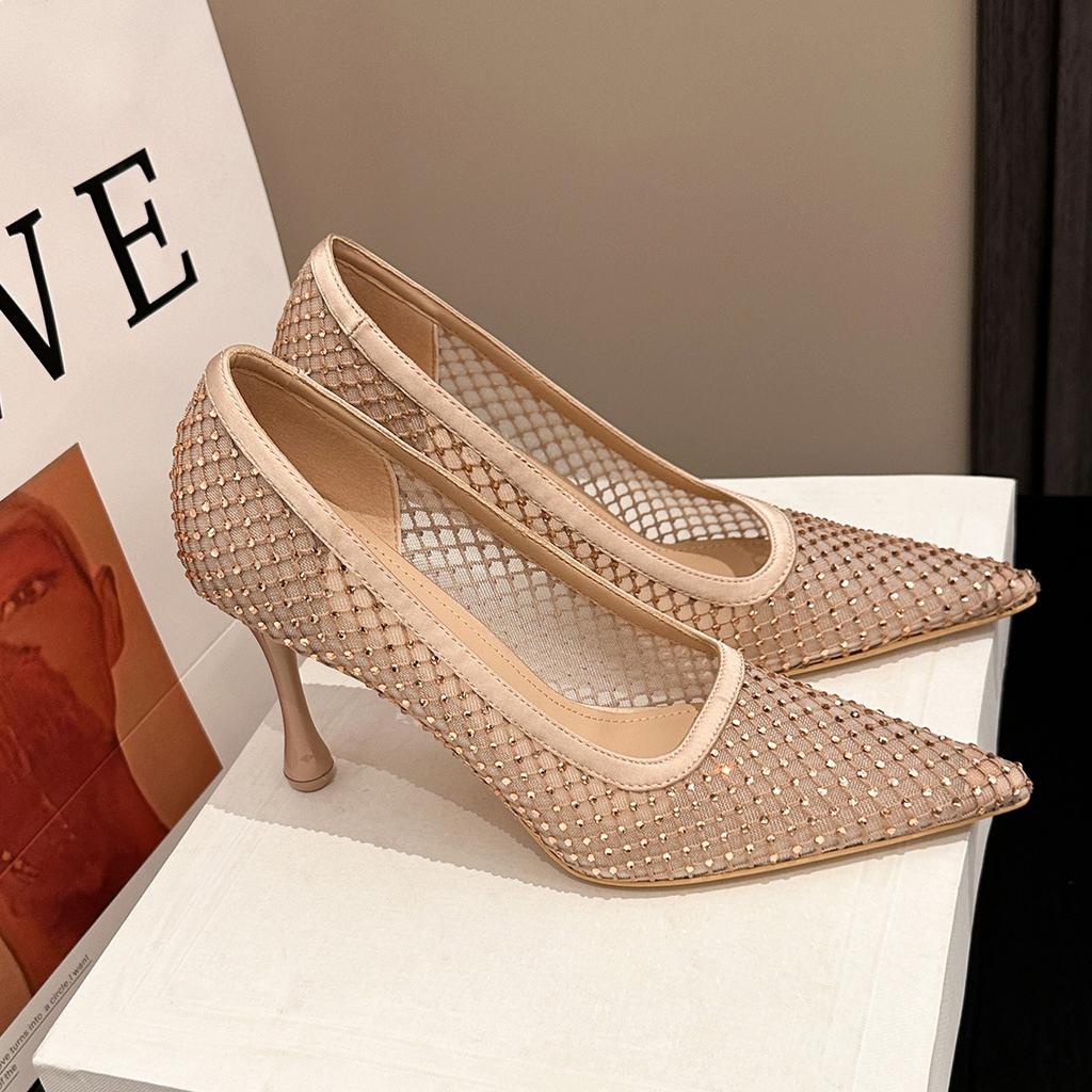 6188-8 New temperament high heels women's pointed head thin heel rhinestone mesh single shoes shallow bridesmaid women's shoes wedding shoes