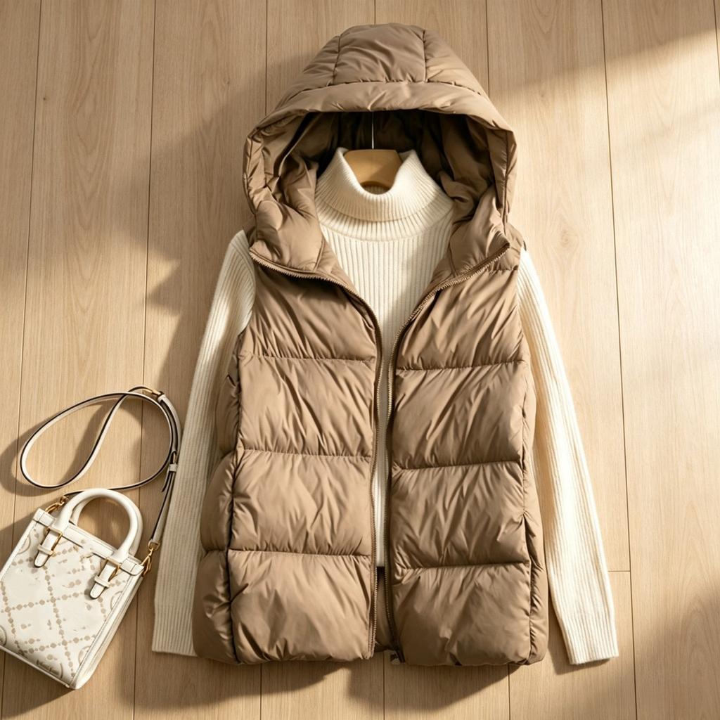 Women's Lightweight, Thickened Down Vest for Middle-Aged and Elderly Women Solid-Color Hooded Puffer Jacket
