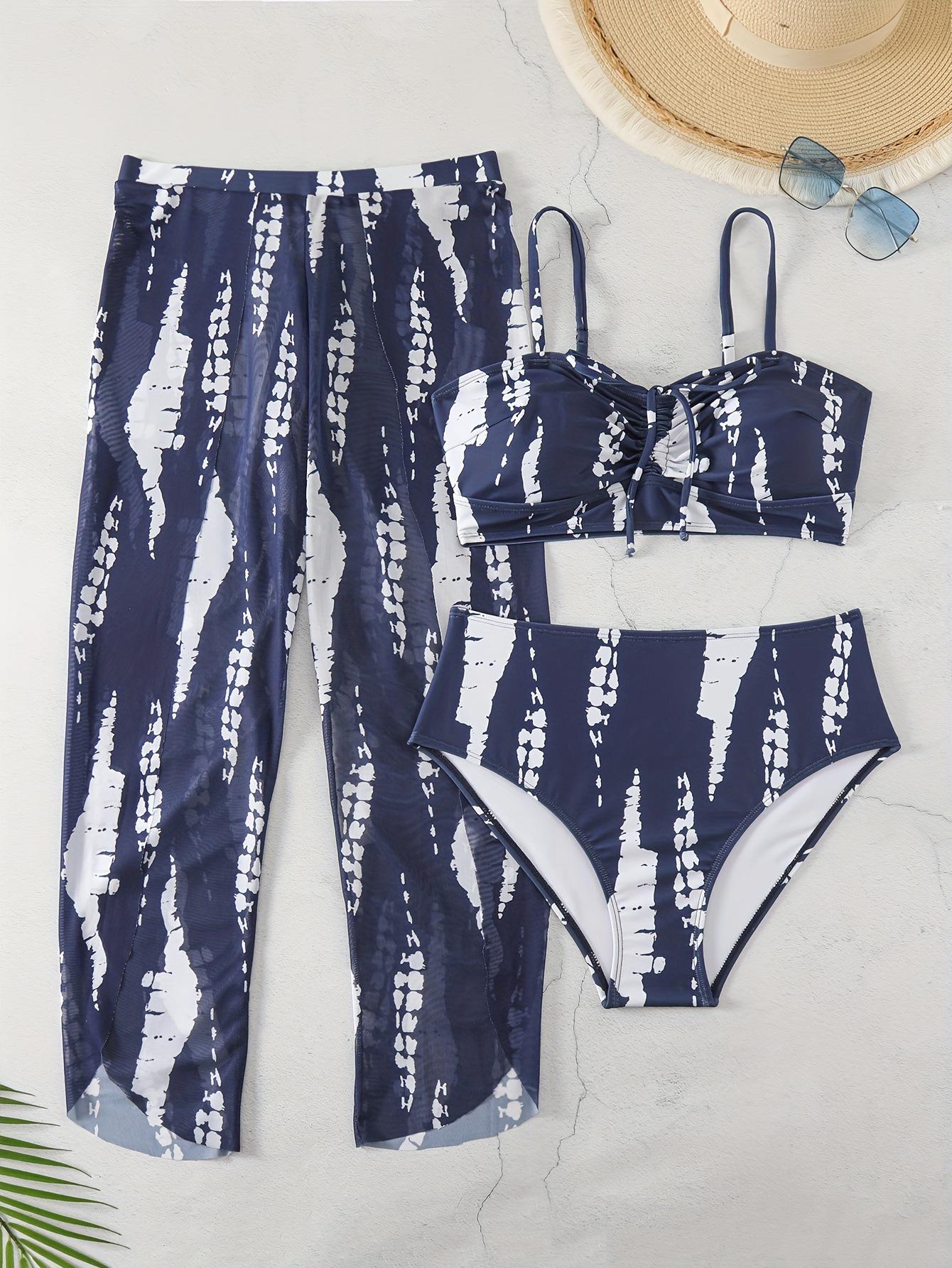 

Сет-бикини с сетчатой вставкой и длинными брюками большого размера 2025 L темно-синий