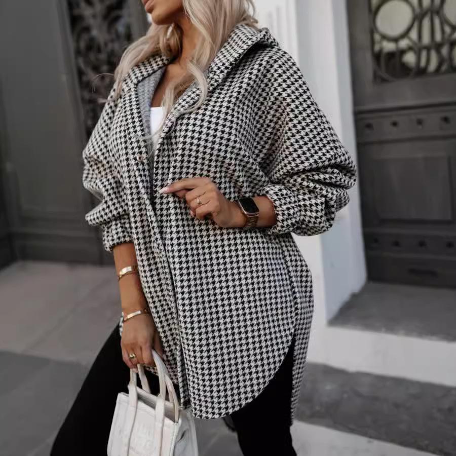 Cappotto a quadri con cappuccio da donna, stile autunnale nuovo, vestibilità larga, moda casual