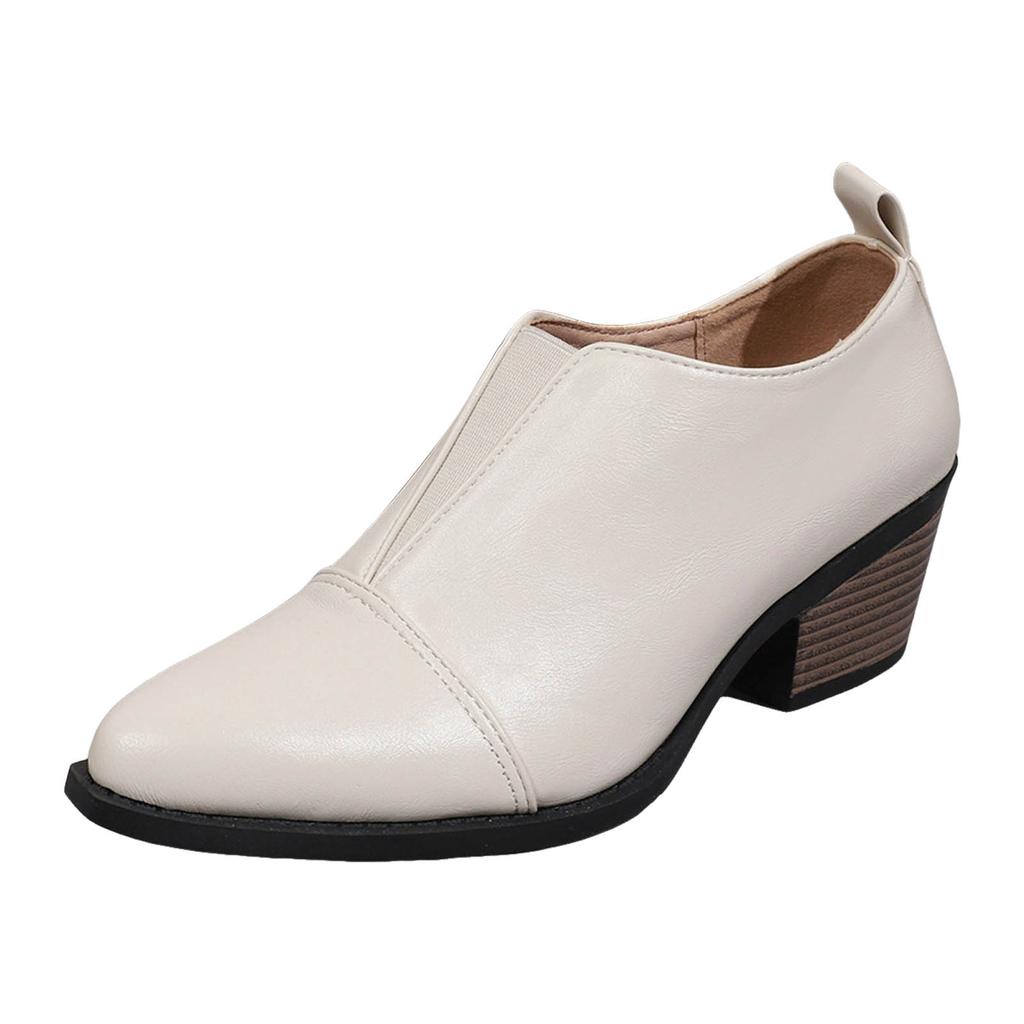 Klobiger Absatz Spitze Zehen Damen Schuhe Modisch Einfarbige Leder Schlupf Klassische Stiefeletten Lederstiefel Damen Absatz