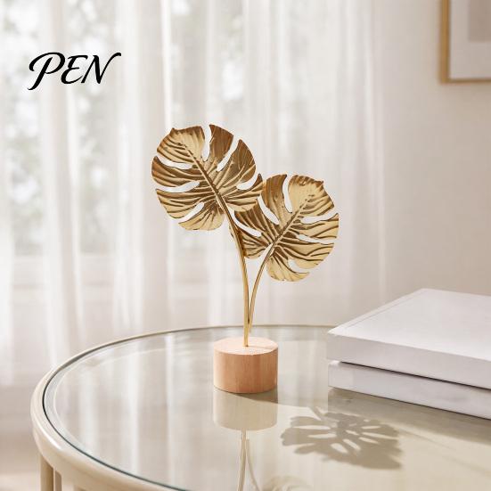 Modern Minimalist Leaf Statue Metal Ornaments, Gold Palm Leaf, Ginkgo Feather with Wood Tabletop Art Piece Base, Desktop Sculpture for Living