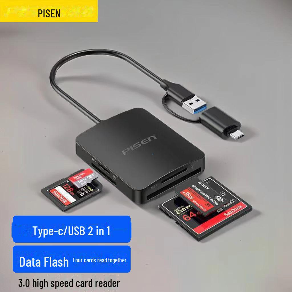 PISEN 4-in-1 USB 3.0 Card Reader for SD, TF, MS, CF - High Speed, Android Type-C Compatible