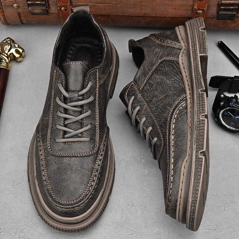Fashion Mens Casual Leather Original Shoes Handmade Outdoor Non-Slip Men's Walking Shoes Retro Design Style Lace-up Comfy Driving Shoes
