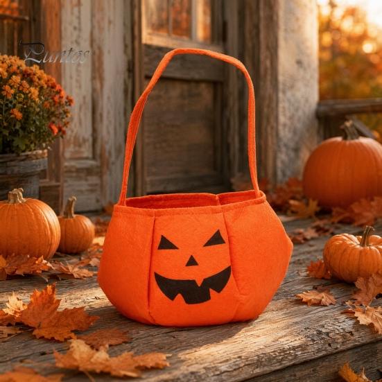 Candy Holder for Kids Halloween Pumpkin Bag Kids, Small Trick or Treat Bucket, Reusable Soft Face Basket with Handle Party Decoration