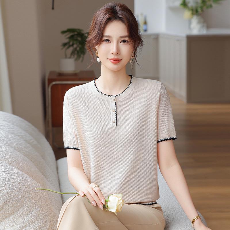 

2026 Summer Ice Silk Slimming Color Block Knit Top for Middle-Aged Women 110 (45-50 kg) абрикосовий
