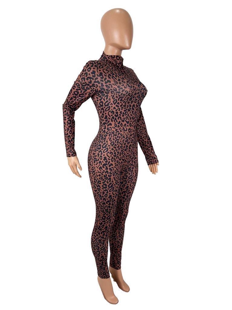 Leopard Print High-Waisted Slim-Fit Long-Sleeve Jumpsuit for Women