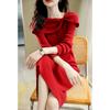 New Spring Design Bow Temperament Knitted Skirt Mid-length Festive Red Dress for Women