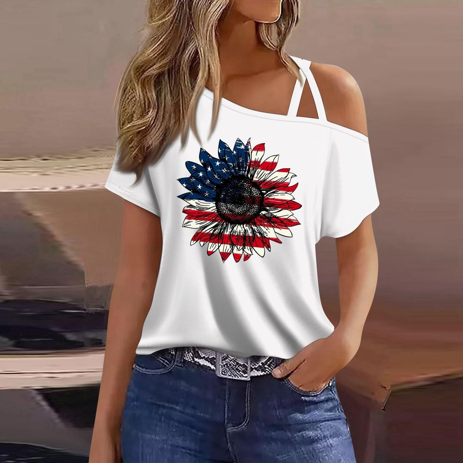 

Женская мода, повседневная футболка с принтом на День независимости, сексуальная футболка с короткими рукавами и открытыми плечами, топ XL белый