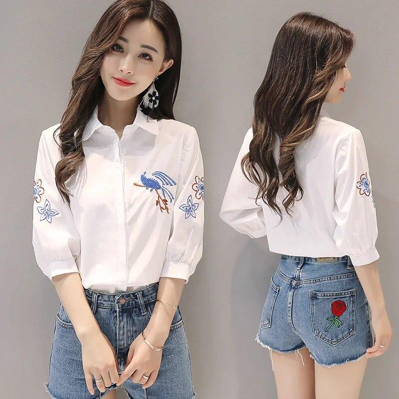 Embroidered Summer Five-point Sleeve Shirt Literary Women Temperament Lapel Casual Tops