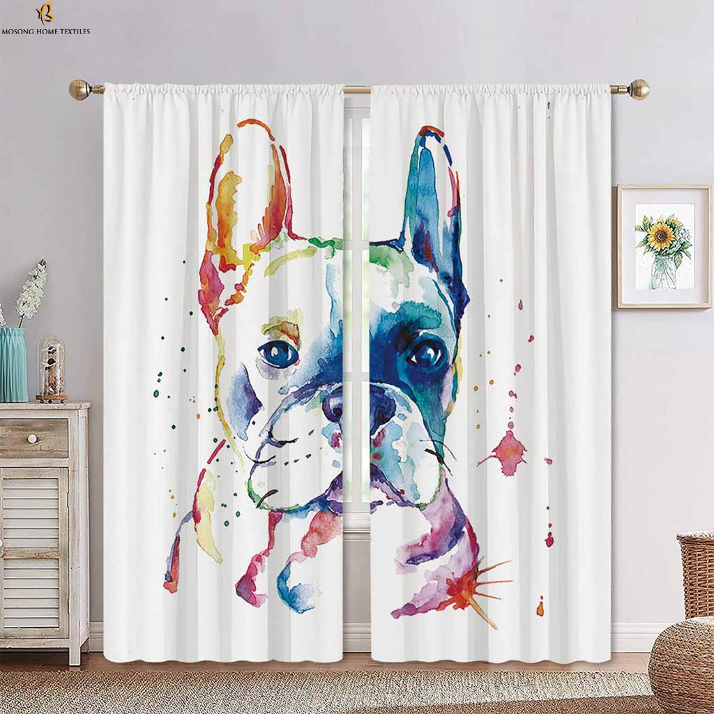 Cartoon Animal Dog Stereo Printing Curtain Bedroom Living Room Dining Kids Decorative Curtains Set Of 2 Made Polyester With Rod Pocket Sitting Decor