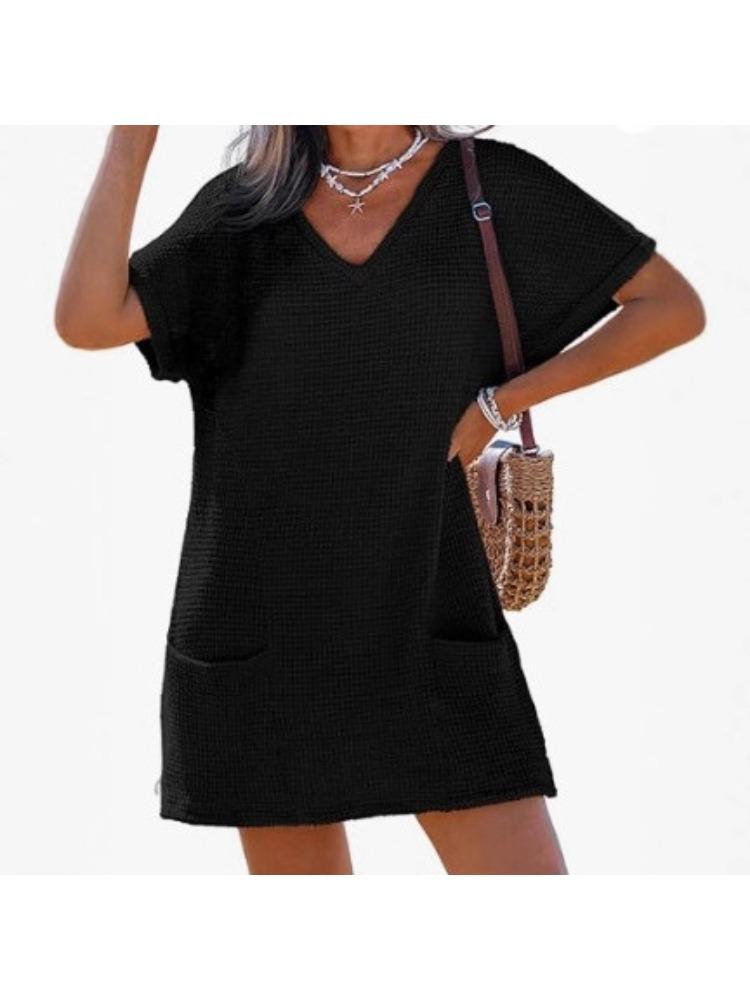 Women s Off White V-Neck Short Sleeve Pocket Beach Dress S чёрный