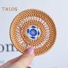 Handmade Rattan Coasters Heat Insulation Pads Kitchen Table Mats with Ceramic Inlay Decorative Placemats for Dining Room Bar