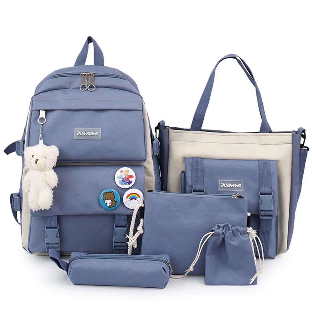 5Pcs Kit Backpack Female Fashion Lady High Capacity Waterproof College Trendy Girls Laptop School Bags Cute Girl Travel Book Bag