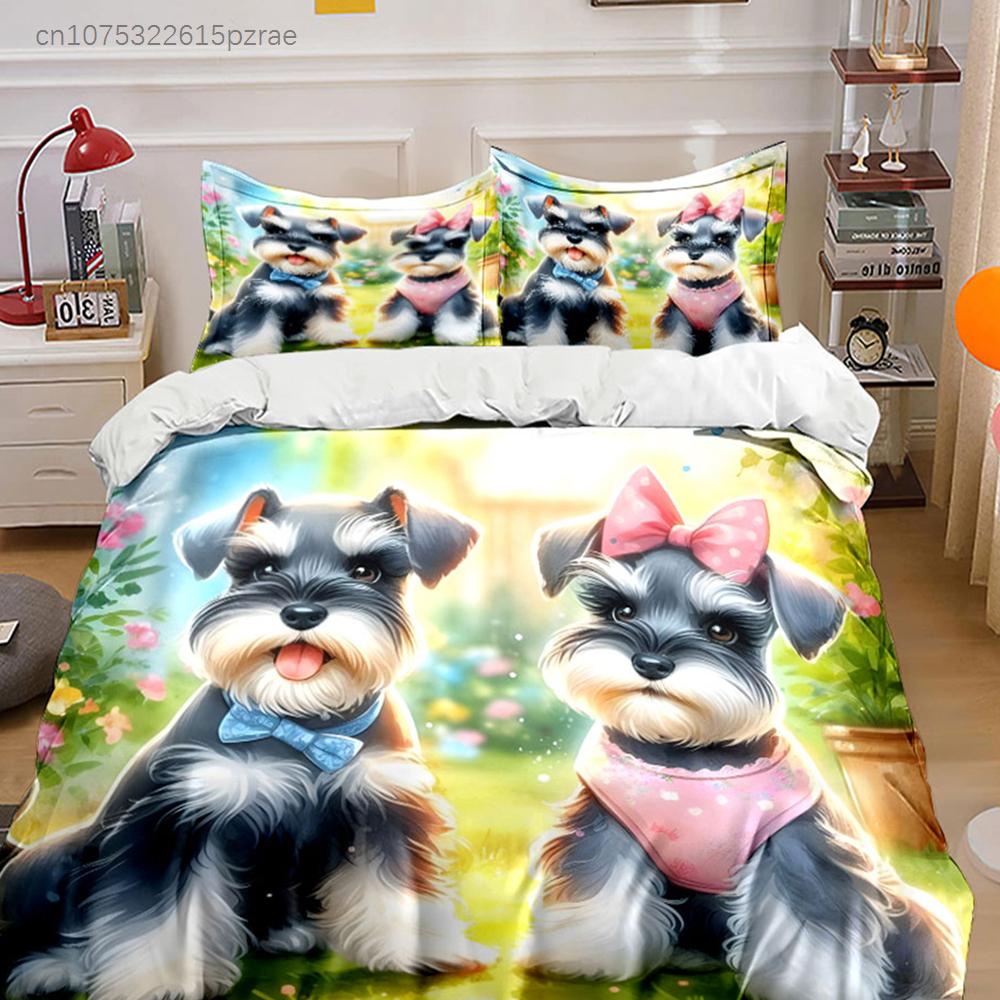 Pet Garden Trio: Cute Schnauzer Decor Multiple Sizes kid's And adults' Bedroom Exquisite 3PC Bedding set, Gift