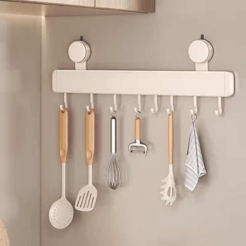 Milk White Suction Cup Kitchen Hook Rack Hanging Rod Wall-Mounted Kitchen Utensil Hanger Spoon Spatula Storage Rack Multifunctional Storage Shelf
