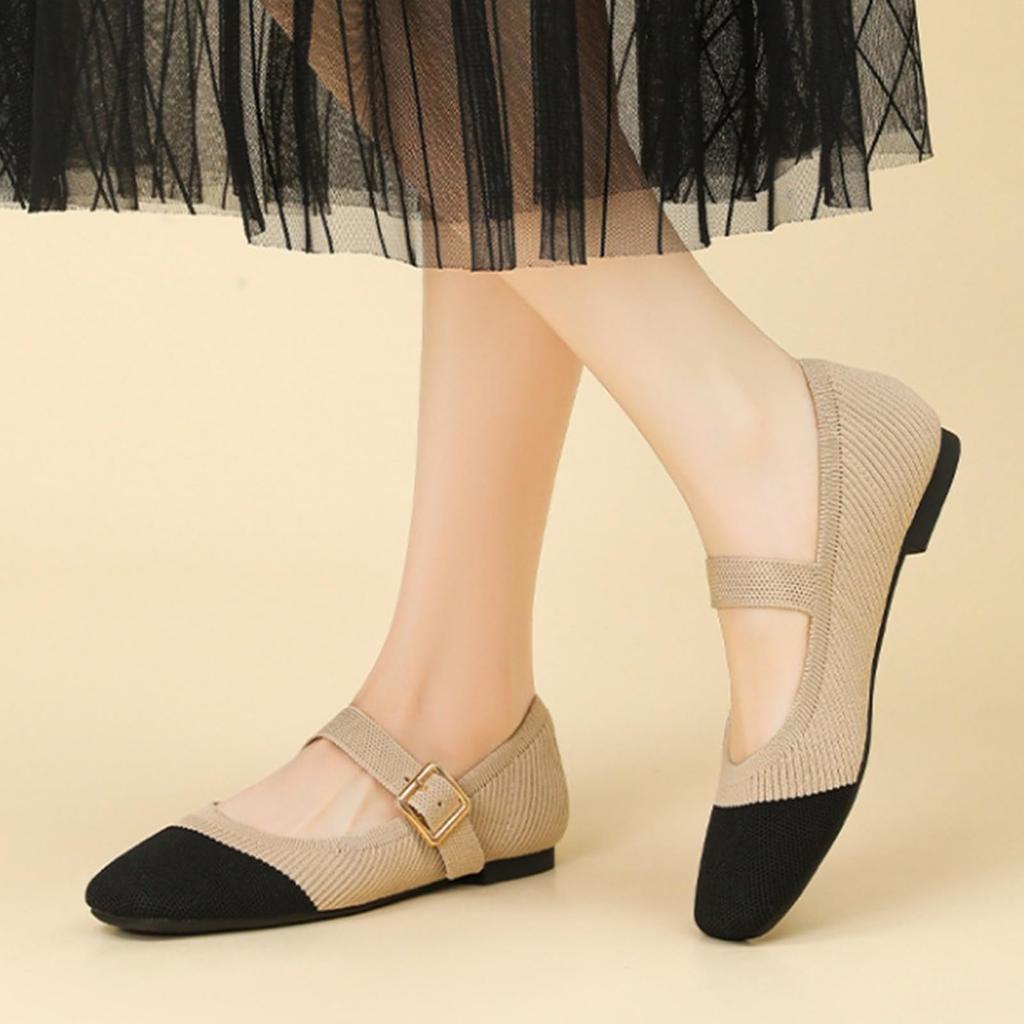 Women Flat Mary Jane Shoes Square Toe Knitted Upper Buckle Strap Slip On Casual Comfortable Lightweight Footwear