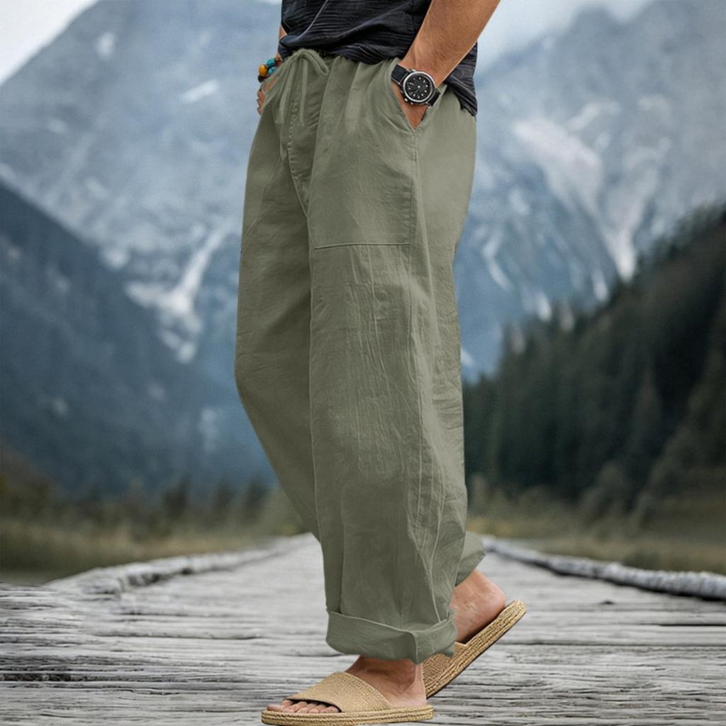 Men’s Loose Fit Linen Pants Breathable Sweat Absorbing Wide Leg Casual Trousers with Drawstring Waist Large Size for Daily Wear