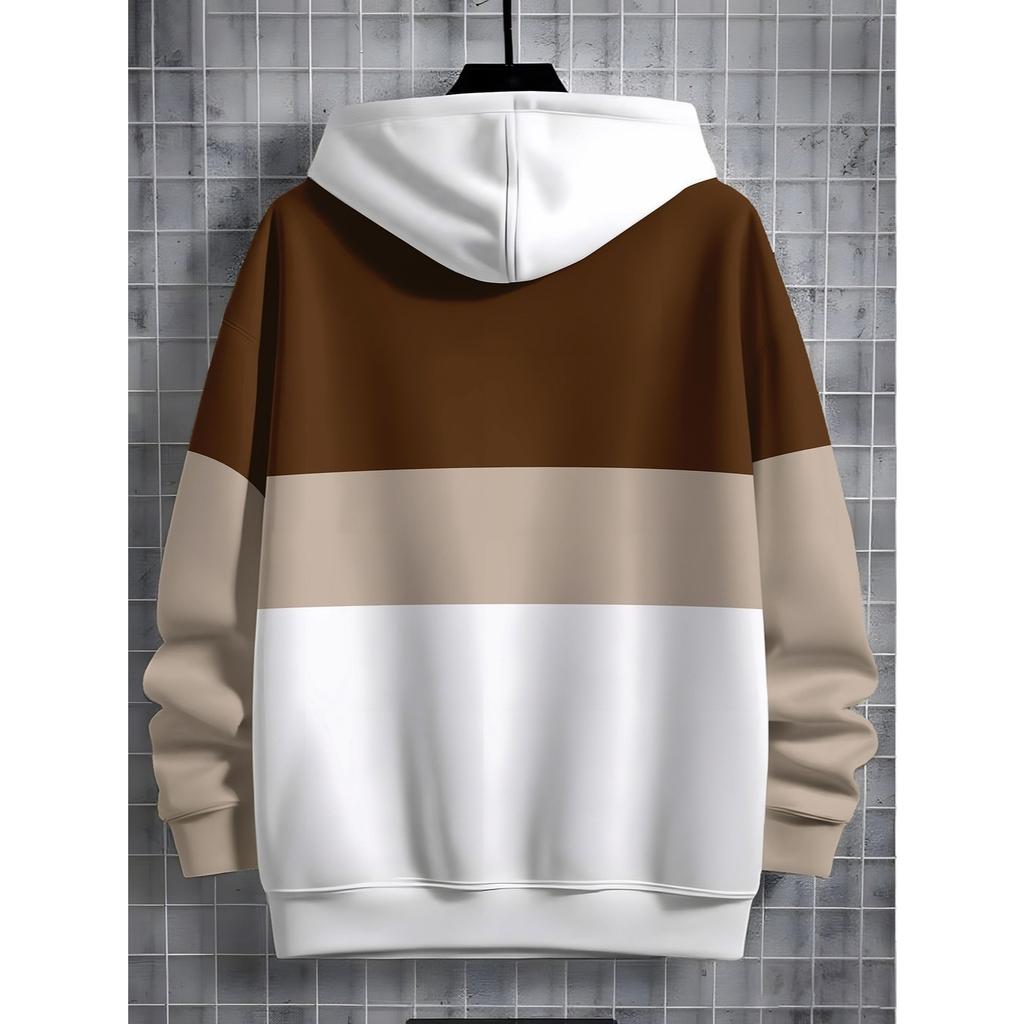 Minimalist boys' hooded sweatshirt with classic three color patchwork design, in beige, light coffee, and brown