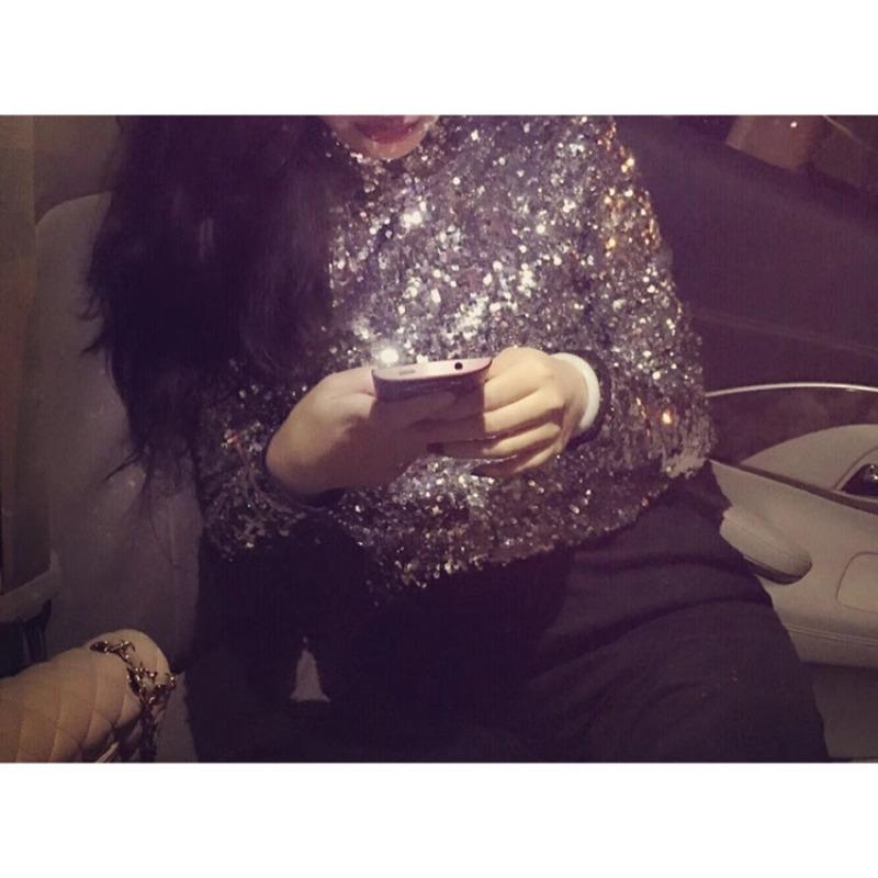 Women's Summer High Neck Temperament Sequins Long Sleeve Top