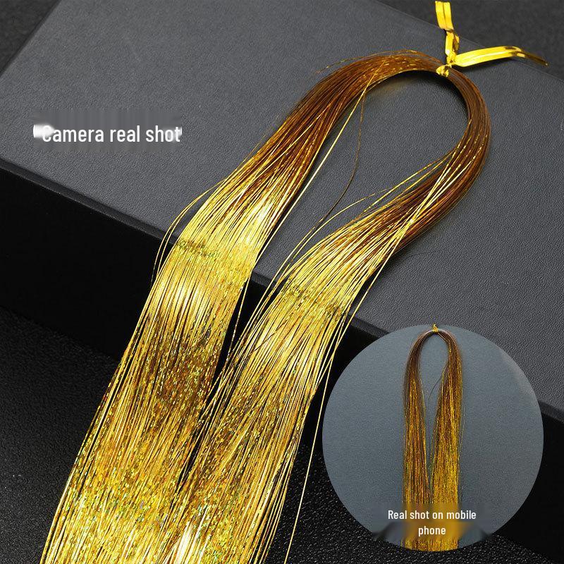 Gold Laser Tinsel Hair Extensions - Shiny Metal Wire, Colorful and Seamless.