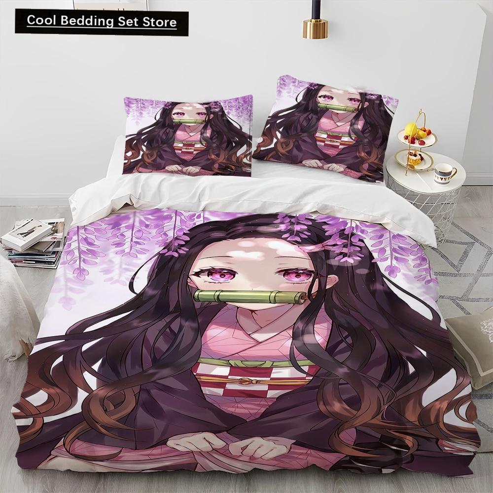Demon Slayer Bedding Set Kamado Nezuko Duvet Cover Set Bedspread Pillowcase King Queen Full Single Size Bed Linen Kids Teen Gift
