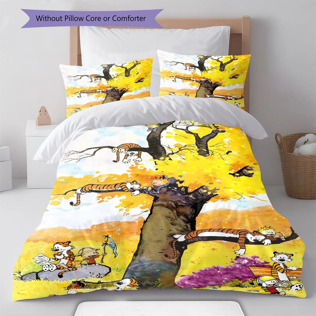 Calvin and Hobbes Pattern Bedding Quilt Set Quilt Cover Pillowcase Home Decoration Gift (1 * Duvet Cover + 2 * Pillowcase, Without Core)
