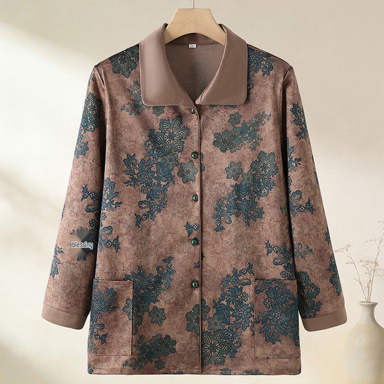 Floral Lapel Button-Up Loose Top for Middle-Aged and Elderly Women