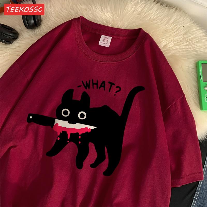 

Летние хлопковые женские футболки с принтом удивленного черного кота, уличная одежда, дышащие, оверсайз, с круглым вырезом, повседневные, уличные, женская одежда 2XL