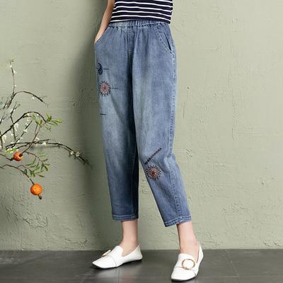 Damen Jeans mit hoher Taille und Stickereien, lockere, lässige Rübenhose, Harenhose in Übergröße