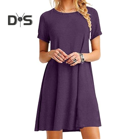 

Летнее мини-платье с короткими рукавами, А-силуэтом, круглым вырезом, однотонное, длиной выше колена, простое короткое платье для свиданий, пляжное вечернее платье L фиолетовый