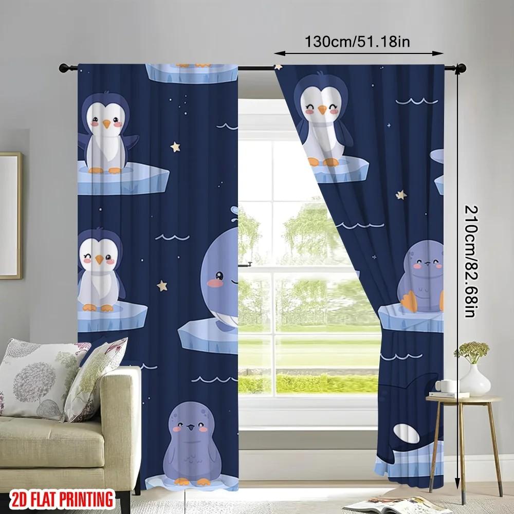 Set Of 2 Cartoonish Penguin Curtains Polyester Kids Room Window Decor Cute Home Curtain Light Blocking With Rod Pocket Ideal For
