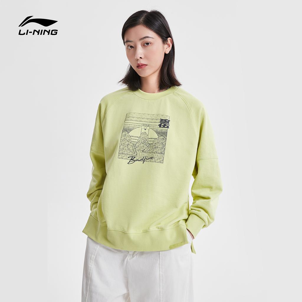 Li Ning Badfive Basketball Series Sports Print Round Neck Pullover Sweatshirt Women Sweatshirt Glazed-Green AWDR056-1