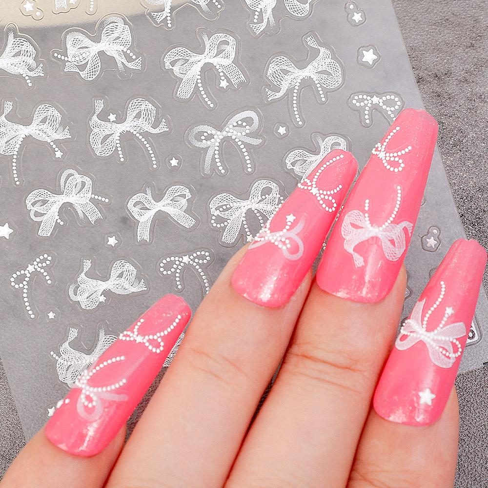 5D Relief Tüll Schleife Design Nagelkunst Aufkleber Selbstklebend DIY Weiße Schleife Abziehbilder Süß Cool Ins Maniküre Modellierungsdekorationen