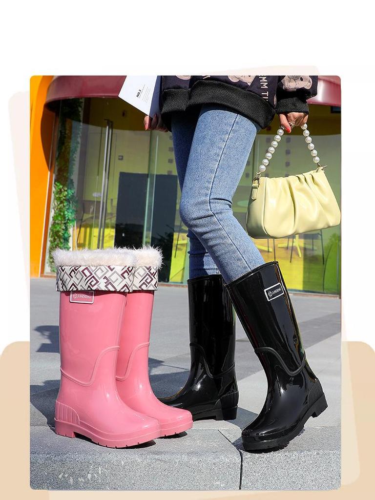 Women's Waterproof High Tube Non-Slip Rain Boots with Warm Velvet Lining - Fashionable PVC Rubber Shoes