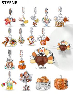Copper Colors Autumn Pumpkin Squirrel Peacock Beads Charm Pendant For Original Bracelet For Women Diy Jewelry Love Gift