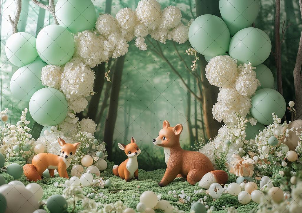 Photography Background Jungle Wildlife Fox Bear Balloon Decoration Kids Birthday Party Cake Smash Photo Background Banner