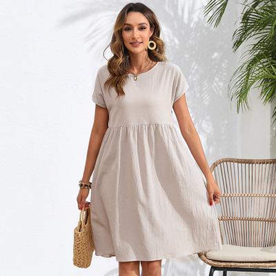 Fashion Women Summer Solid Cotton Linen Round Neck A-line Short Sleeve Pocket Midi Dress