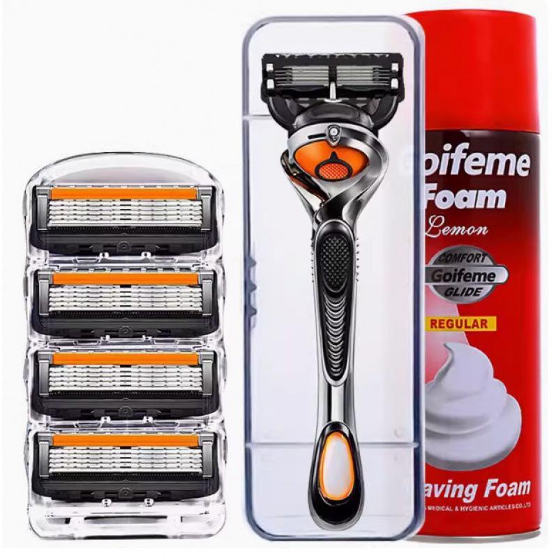 

Портативная пятислойная мужская бритва с ручным управлением и вращающейся головкой - Оранжево-черная, Острая, Прочная, Моющаяся 4 head + handle + case + foam