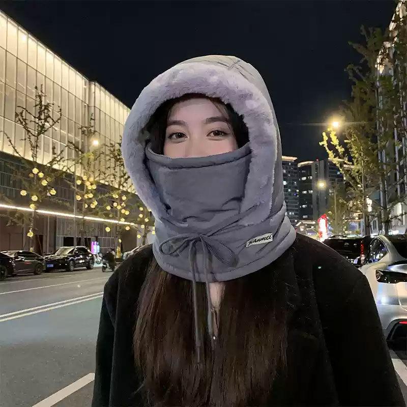 Winter Outdoor Cycling for Women's Cold Proof Scarf Integrated with Velvet and Versatile Warm Hat Men's Down Lei Feng Hat