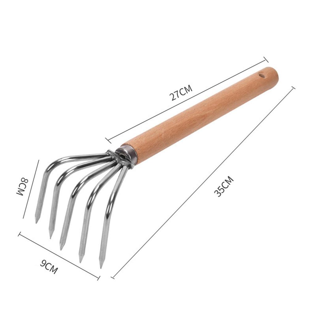 Hand Rake Cultivator Stainless Steel Claws Lightweight Digging Wood Handle Leaf Rake Small Gardening Tools for Yard Work