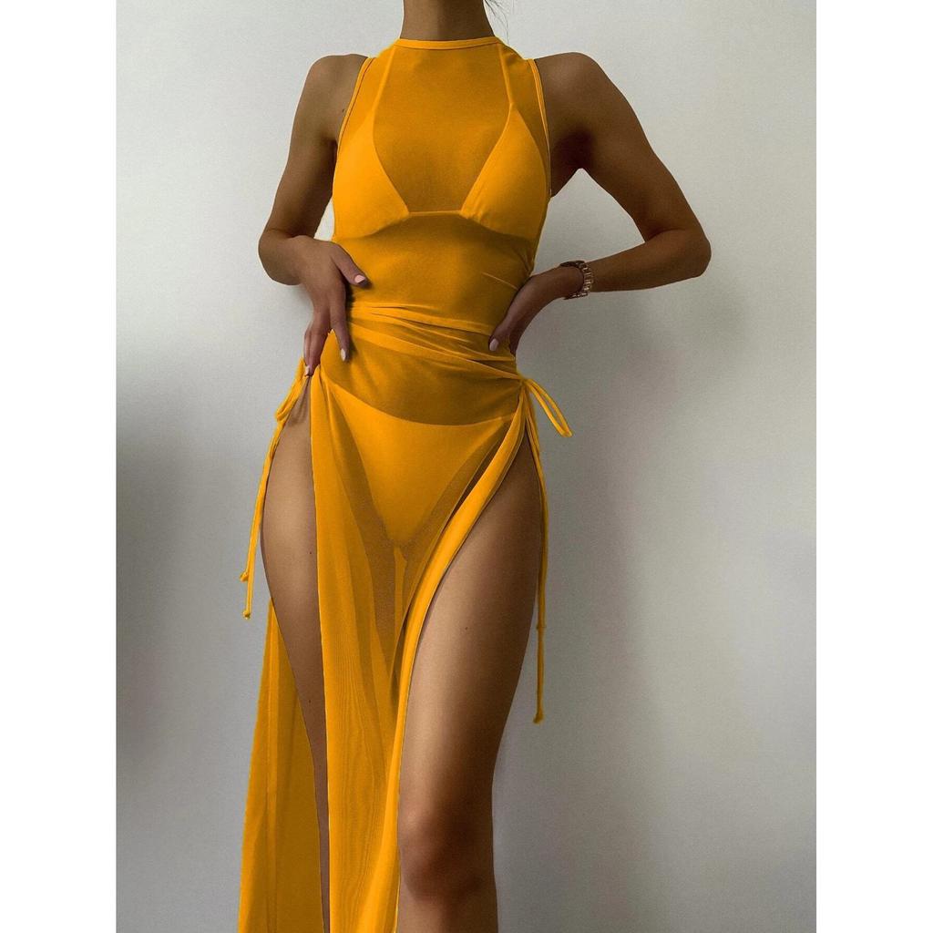 2023 Swimsuit Women's Split Three-point Solid Mesh Three-piece Bikini