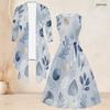 Women Plus Size Two Piece Set Round Neck Sleeveless Tie Waist Flared Dress 3 4 Sleeve Printed Cardigan