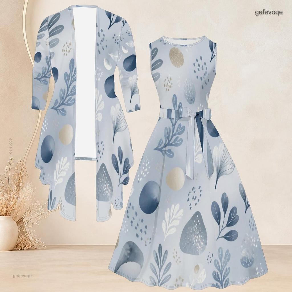 Women Plus Size Two Piece Set Round Neck Sleeveless Tie Waist Flared Dress 3 4 Sleeve Printed Cardigan