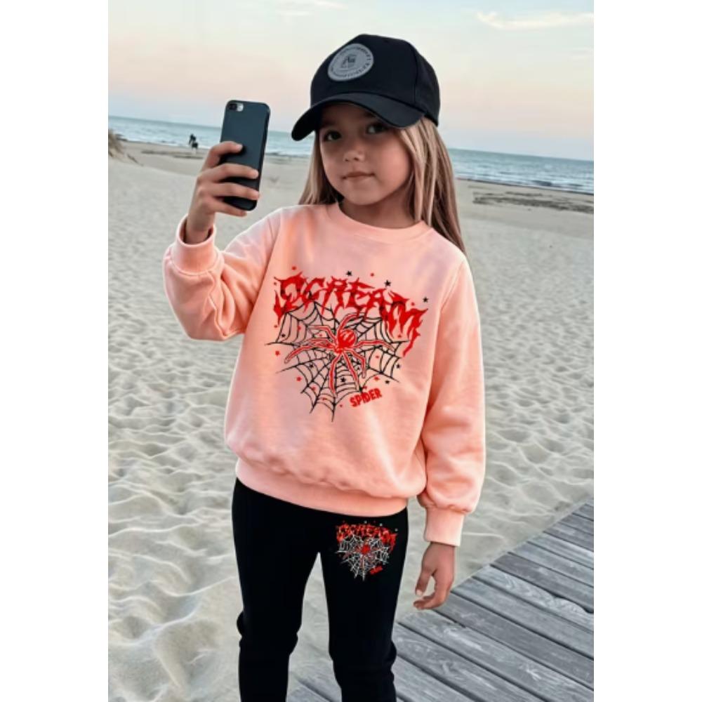 Girls' Heart Spider Casual Comfortable Soft Loose Pullover Sweatshirt and Leggings 2-Piece Set, New Autumn/Winter, Playful, Sweet and Cool Style