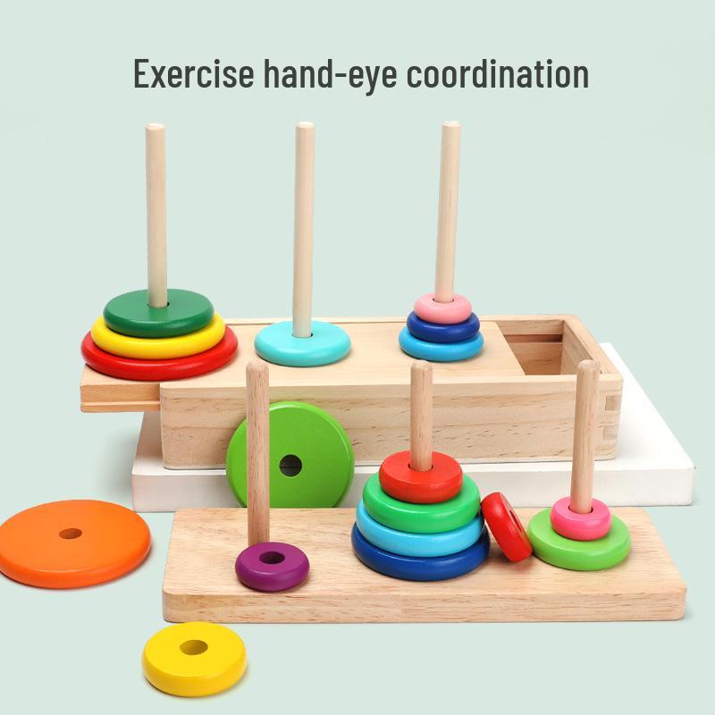 Children's 10-Layer Wooden Tower of Hanoi Puzzle - Educational Logic Game for Students