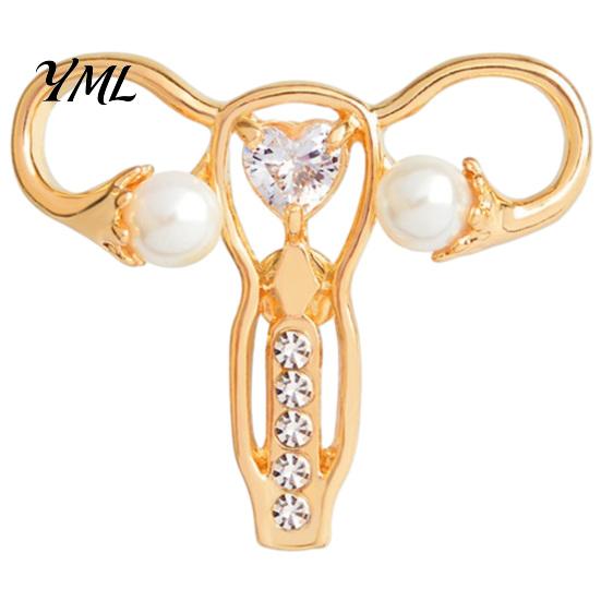 Human Organ Lapel Pin Uterus Brooch with Rhinestone Faux Pearl, Pin, Golden Tone Hollow Shaped Jewelry for Coats Sweaters Scarves Alloy