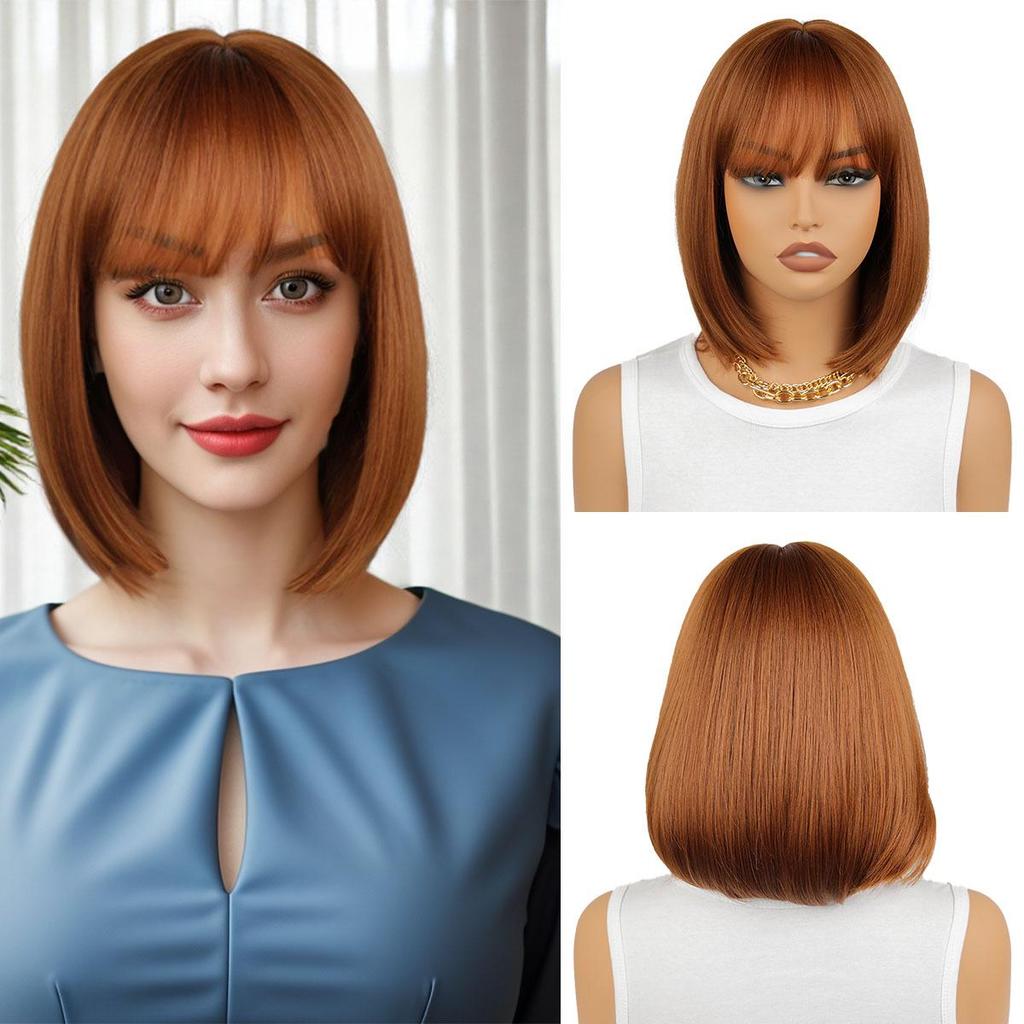 European & American Brown Bob Wig with Bangs - Short Straight Synthetic Hair